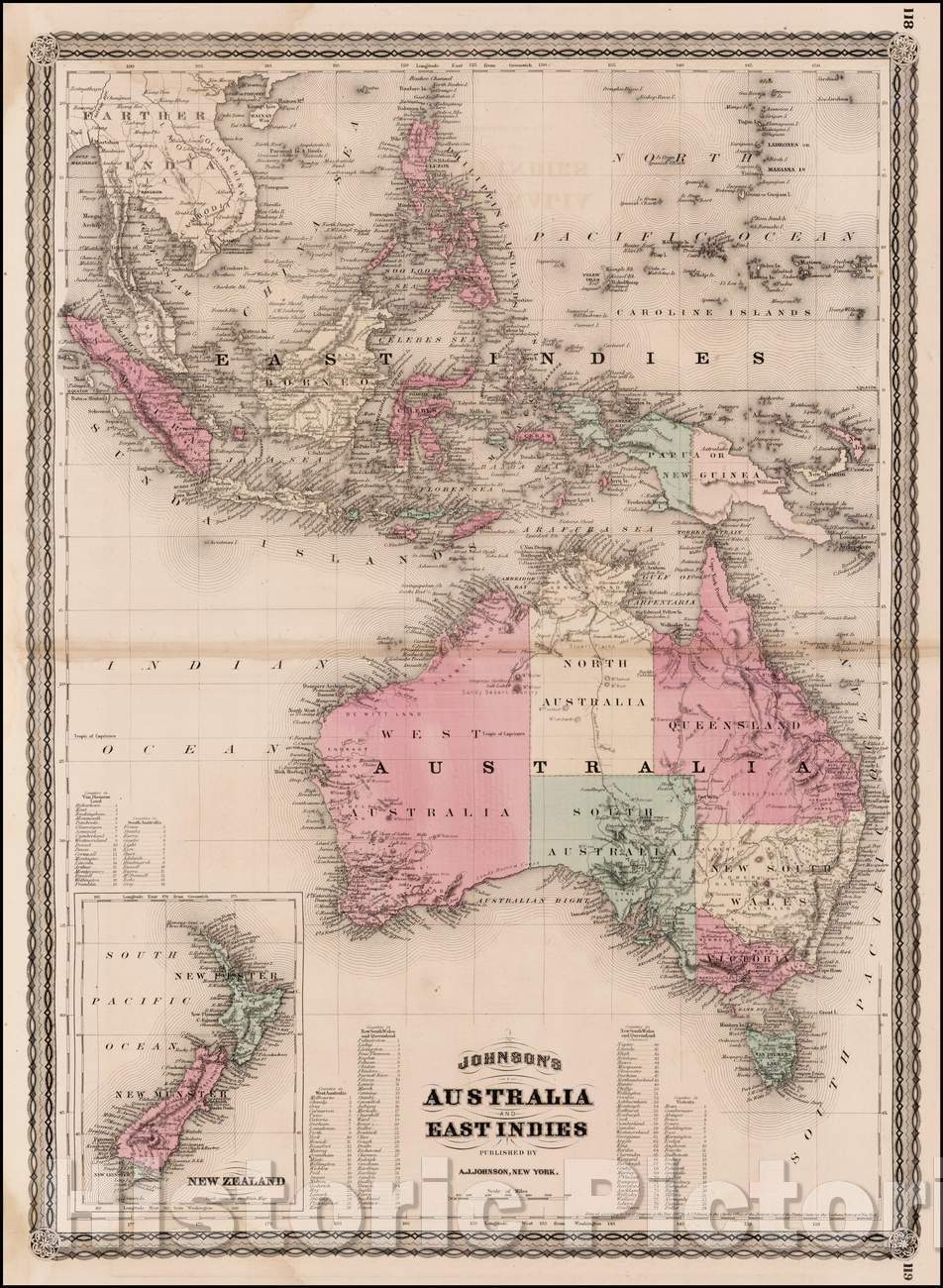 Historic Map - Johnson's Australia and East Indies [New Zealand inset], 1877, Alvin Jewett Johnson v2