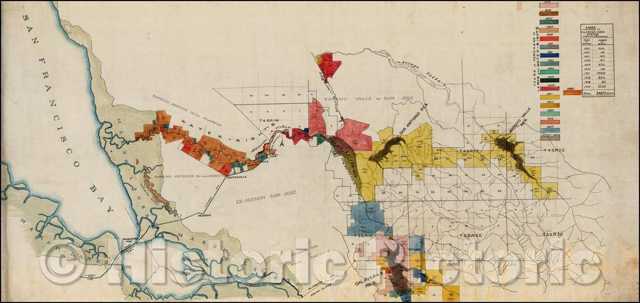 Historic Map - Manuscript Map - Spring Valley Water Company Map - San Francisco Bay, Calaveras Reservoir, Arroyo Del Valle Reservoir, etc, 1907 - Vintage Wall Art