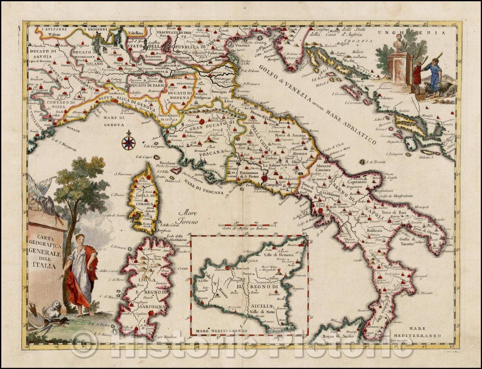 Historic Map - Carta Geografica Generale Dell' Italia with Sicily, Corsica & Sardinia, 1740, Giambattista Albrizzi - Vintage Wall Art