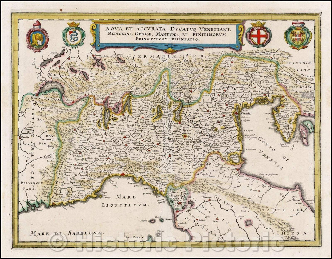 Historic Map - Nova et Accurata Ducatus Venetiani, Mediolani, Genuae, Mantuae/Map of the north part of Italy, including 4 coats of arms, 1638 - Vintage Wall Art