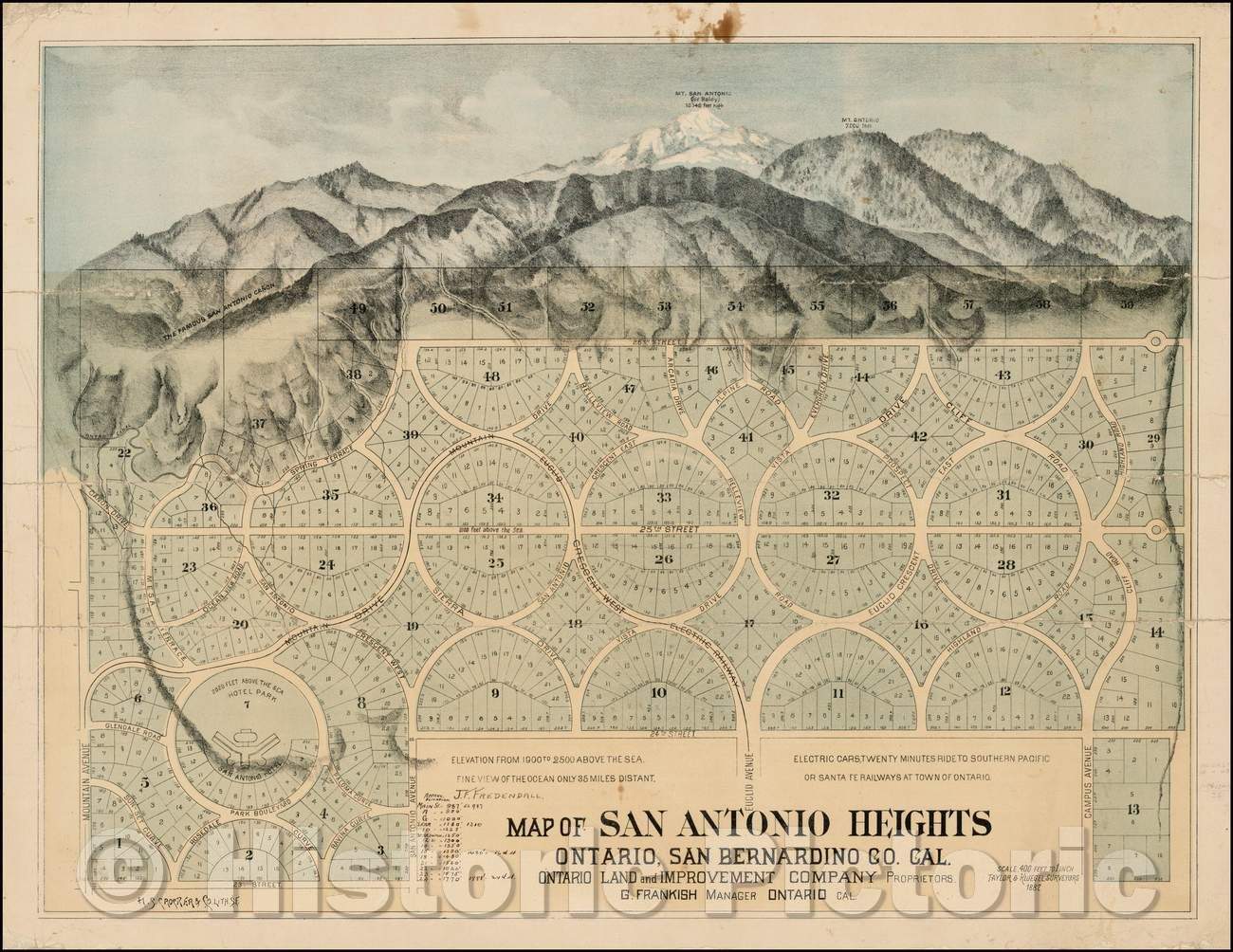 Historic Map - Map of San Antonio Heights Ontario, San Bernardino Co. Cal. Ontario Land and Improvement Company Proprietors, 1887, H.S. Crocker & Co. - Vintage Wall Art