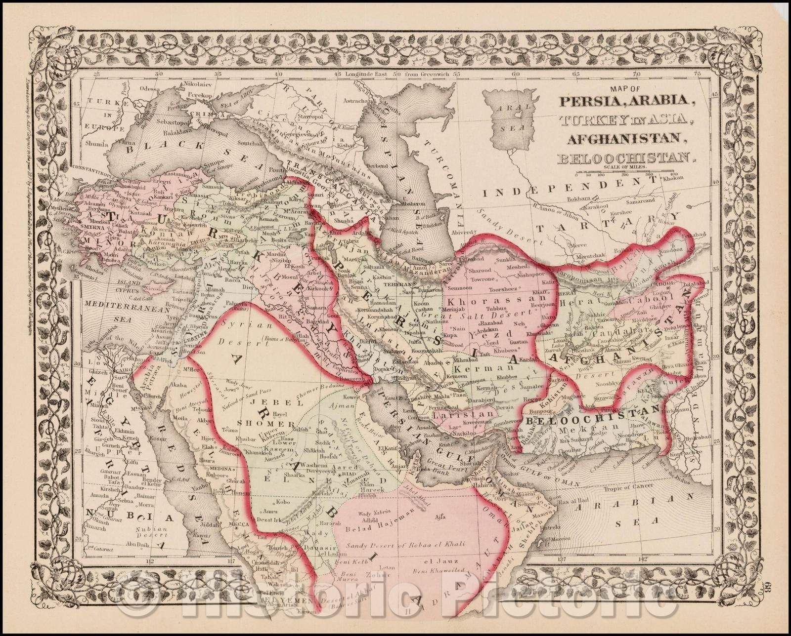 Historic Map - Map of Persia, Arabia, Turkey in Asia, Afghanistan, Beloochistan, 1870, Samuel Augustus Mitchell Jr. v1