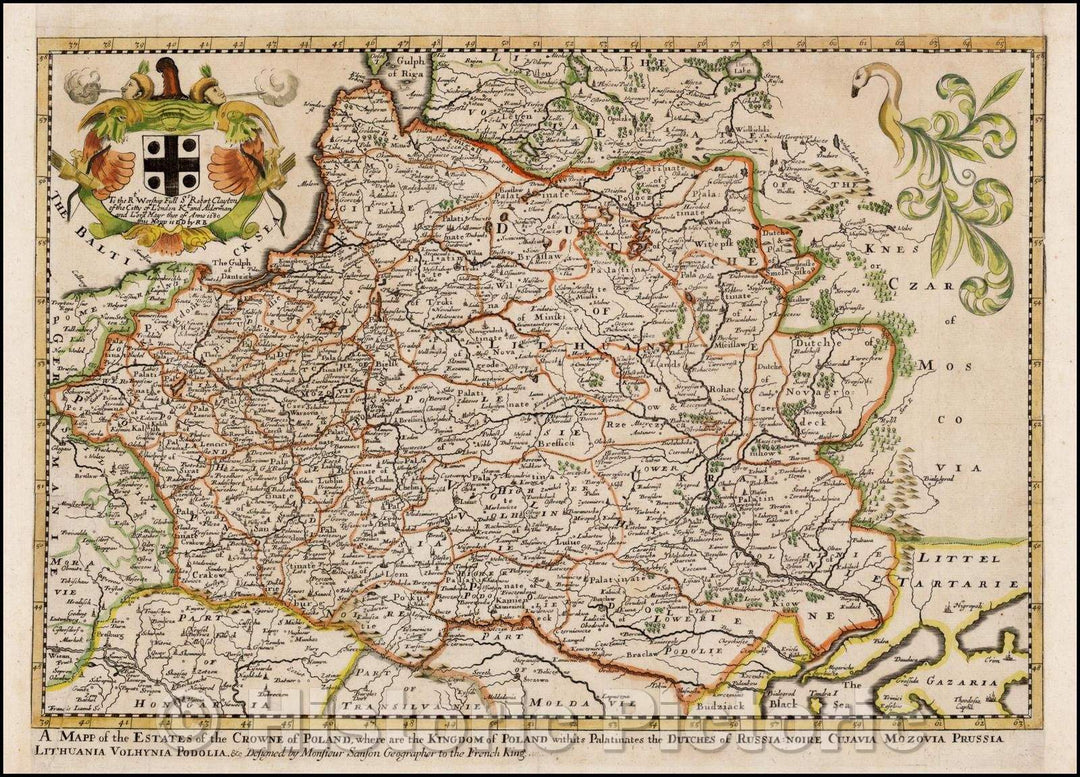 Historic Map - A Mapp of the Estates of the Crowne of Poland, where are the Kingdom of Poland withits Palatinates the Dutches of Russia, 1680, Richard Blome - Vintage Wall Art