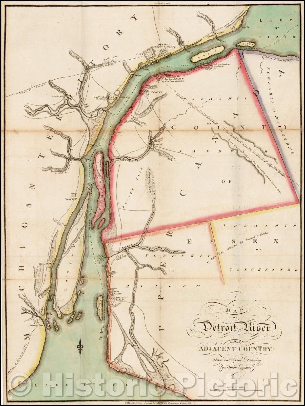 Historic Map - Map of Detroit River and Adjacent Country, from an Original Drawing, 1813, John Melish - Vintage Wall Art