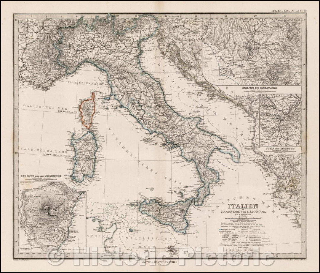 Historic Map - Italy, 1872, Adolf Stieler - Vintage Wall Art