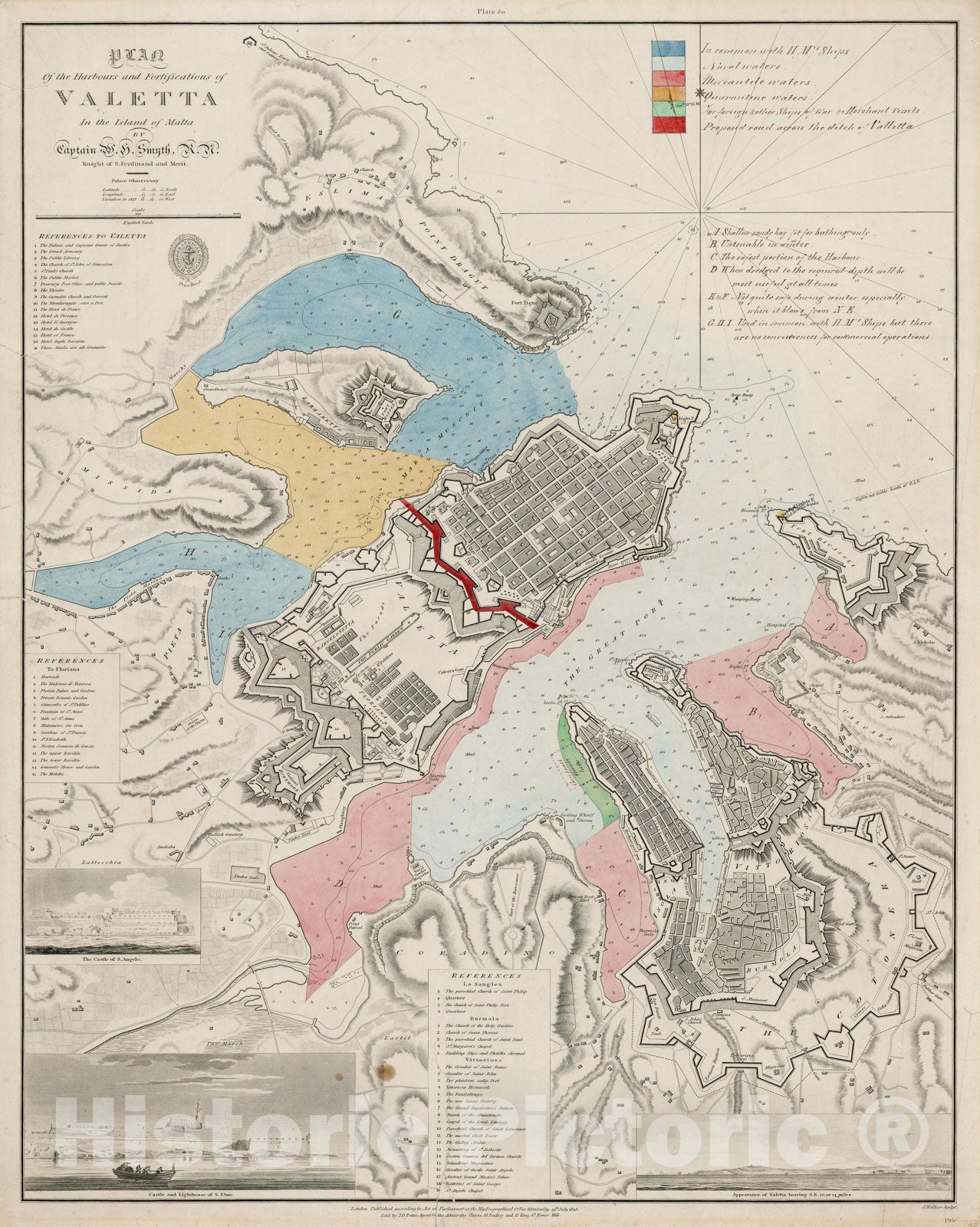 Historic Map - Plan of the Harbours and Fortifications of Valetta In the Island of Malta, 1823, R.H. Smyth - Vintage Wall Art