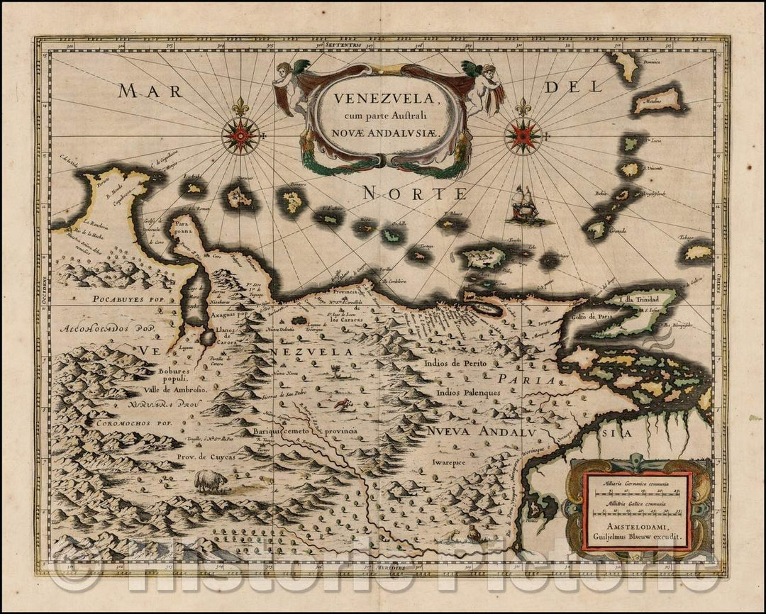 Historic Map - Venezuela cum parte Australi Novae Andalusiae, 1642, Willem Janszoon Blaeu - Vintage Wall Art