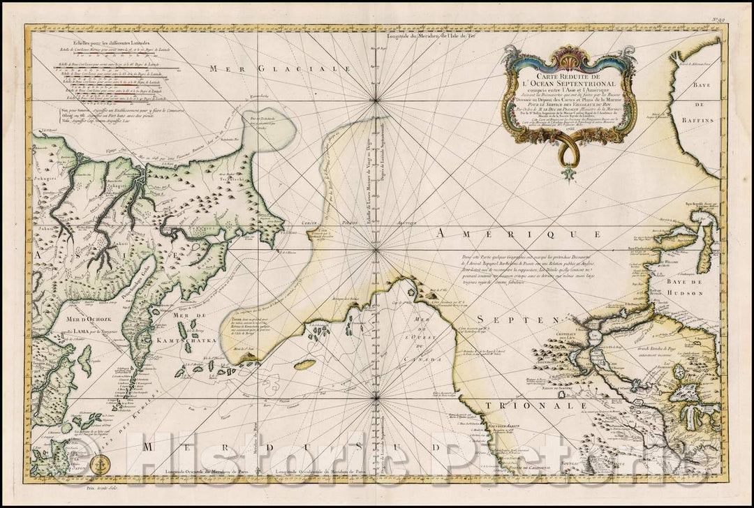 Historic Map - Carte Reduite De L'Ocean Septentrional compris entre l'Asie et l'Amerique :: Reduite Septentrional De L'Ocean between Asia and America's, 1766 - Vintage Wall Art