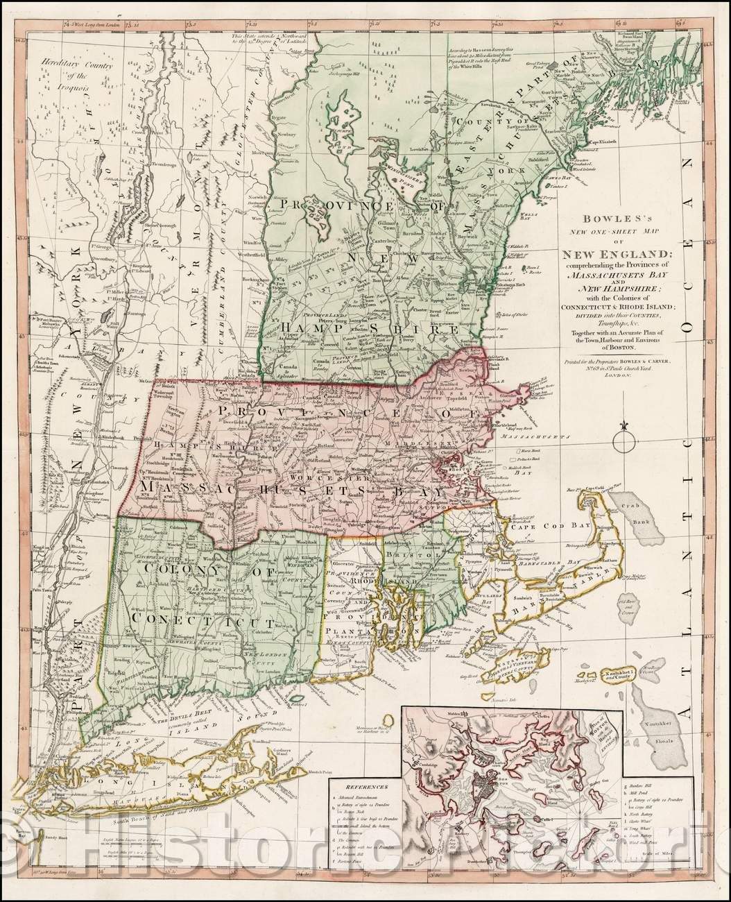 Historic Map - Map of New England; comprehending the Provinces of Massachusets Bay And New Hampshire; with the Colonies of Connecticut & Rhode Island, 1765 - Vintage Wall Art