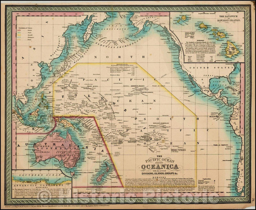 Historic Map - The Pacific Ocean Including Oceanica with its several Divisions, Groups, 1850, Thomas Cowperthwait & Co. - Vintage Wall Art