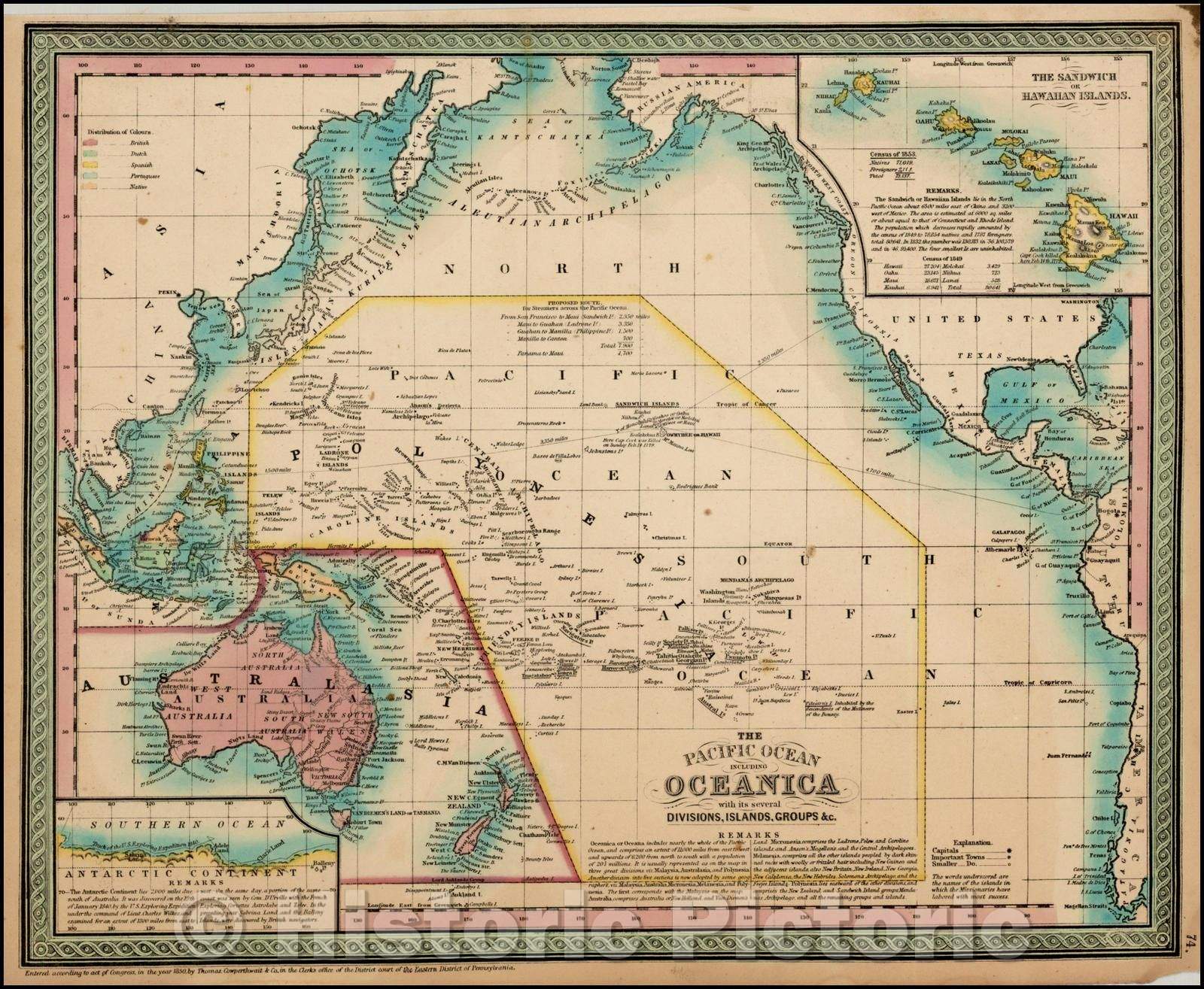 Historic Map - The Pacific Ocean Including Oceanica with its several Divisions, Groups, 1850, Thomas Cowperthwait & Co. - Vintage Wall Art