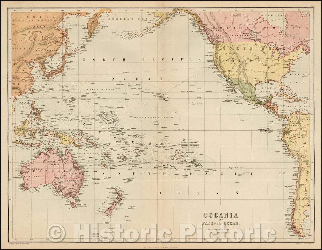 Historic Map - Oceania and Pacific Ocean from Admiralty Surveys, 1869, Adam & Charles Black - Vintage Wall Art