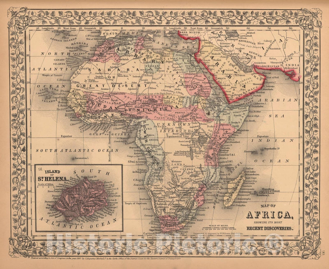 Historic Map - Map of Africa showing Its Most Recent Discoveries, 1867, Samuel Augustus Mitchell Jr. - Vintage Wall Art