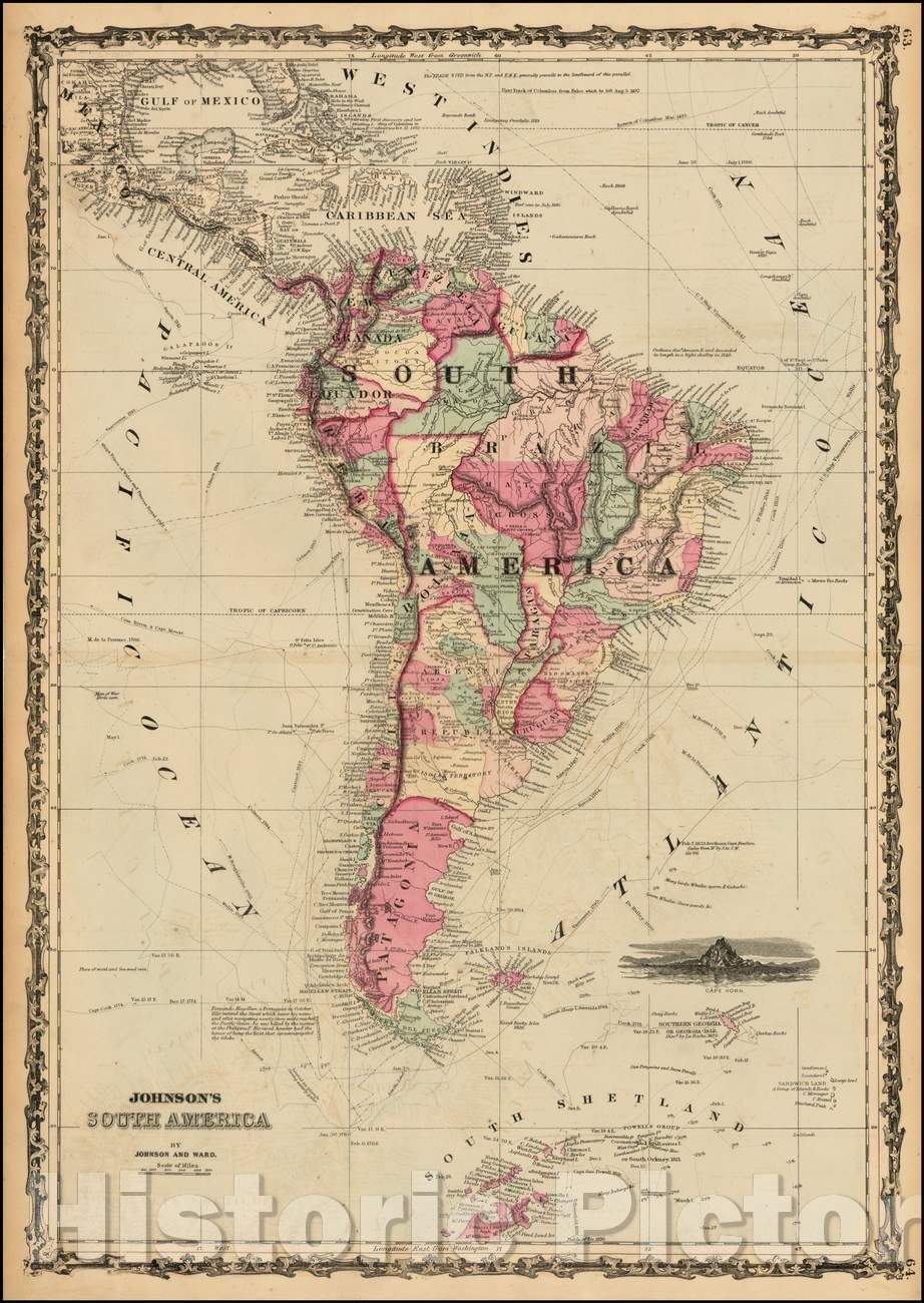 Historic Map - Johnson's South America, 1862, Benjamin Ward v2