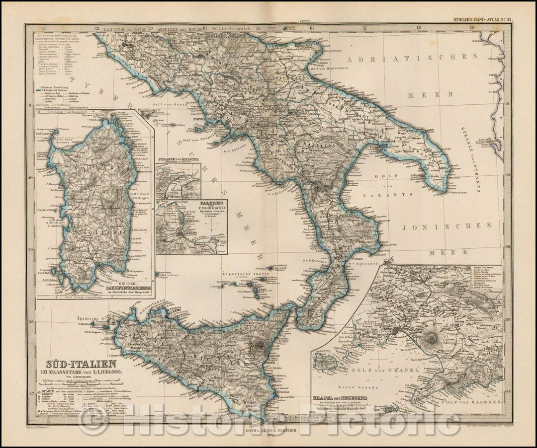 Historic Map - Sud-Italien (with inset of Sardinia, Palermo, Messina and the Gulf of Naples), 1874, Adolf Stieler - Vintage Wall Art