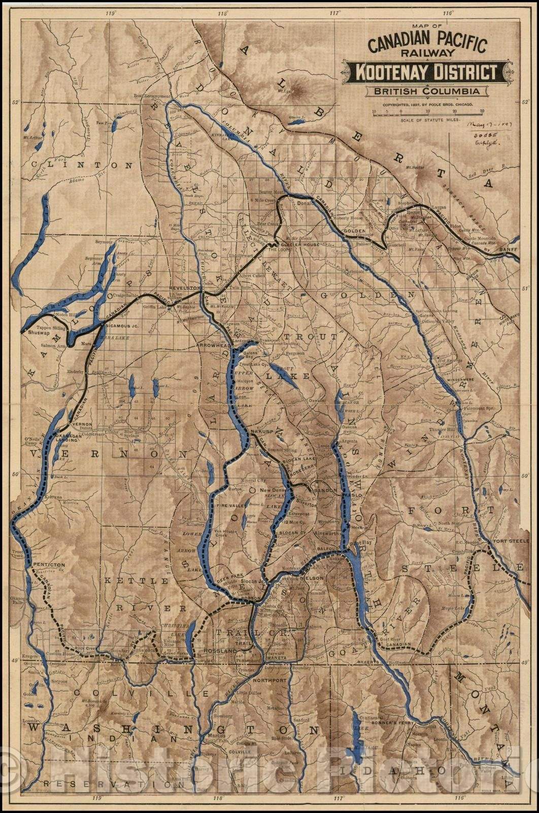 Historic Map - Map of the Canadian Pacific Railway Kootenay District British Columbia, 1897, Poole Brothers - Vintage Wall Art