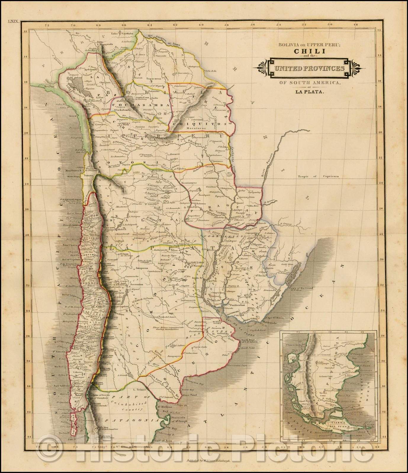 Historic Map - Bolivia or Upper Peru; Chili and the United Provinces of South America, or La Plata, 1844, David Lizars - Vintage Wall Art