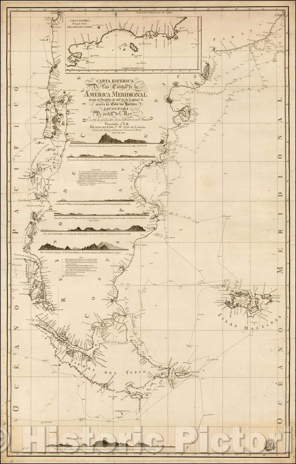 Historic Map - Carta Esferica De Las Costas de la America Meridional :: Coasts of South America, 1798 - Vintage Wall Art