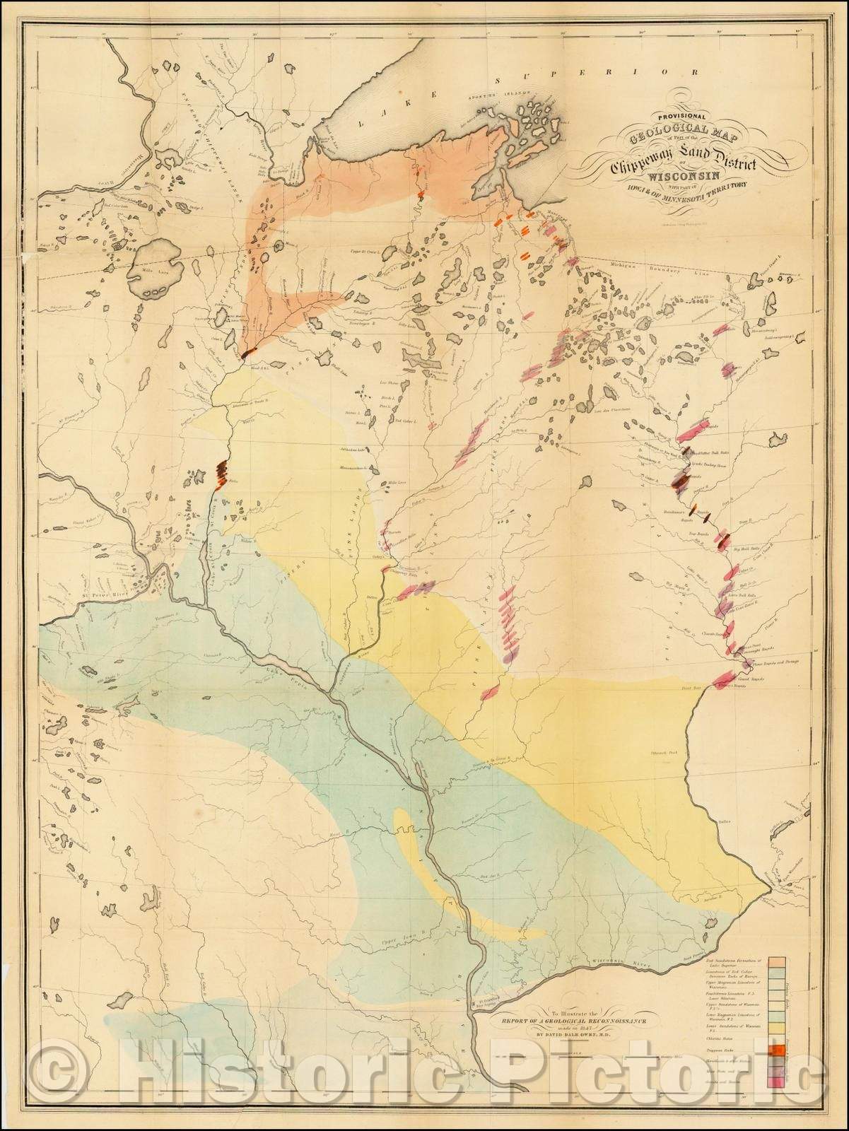 Historic Map - Provisional Geological Map of Part of the Chippeway Land District of Wisconsin with Part of Iowa & of Minnesota Territory, 1847, - Vintage Wall Art