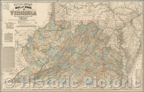 Historic Map - Lloyd's Official Map of the State of Virginia From actual surveys, 1862, J.T. Lloyd - Vintage Wall Art