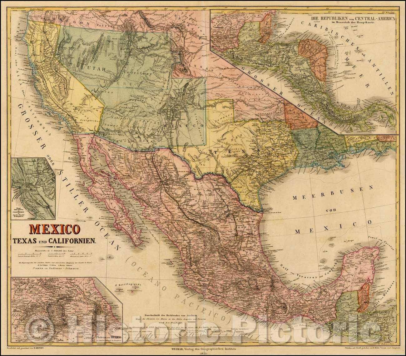 Historic Map - Mexico, Texas und Californien (Names Deseret!), 1855, Heinrich Kiepert - Vintage Wall Art