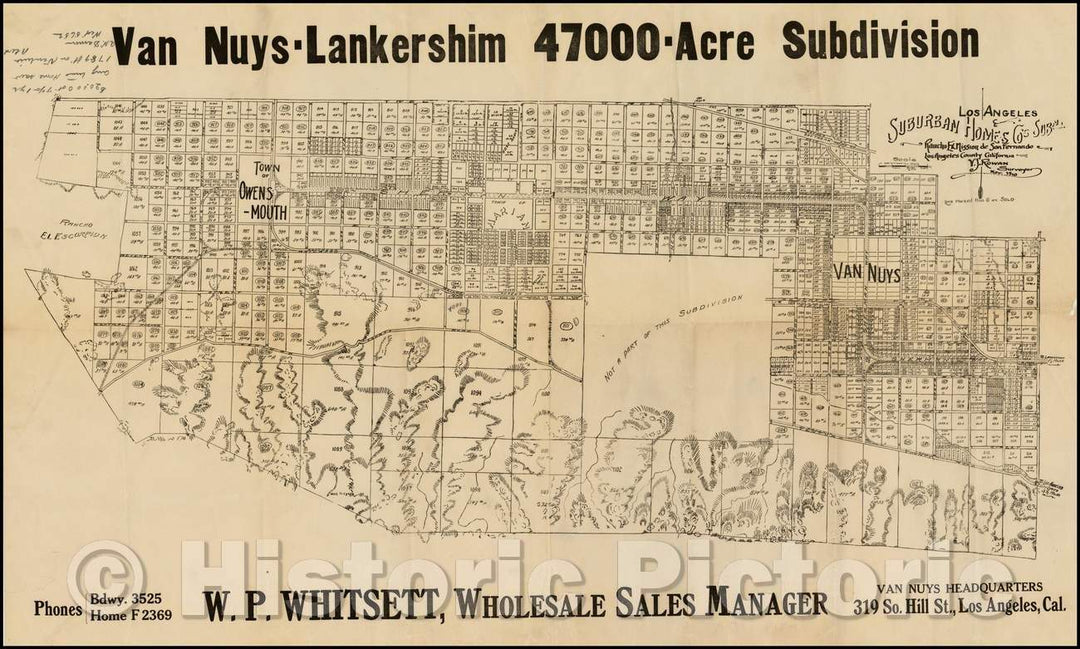 Historic Map - Van Nuys-Lankershim Suburban Los Angeles Homes.Rancho Ex Mission de San Fernando Los Angeles County California, 1910, V.J. Rowan - Vintage Wall Art