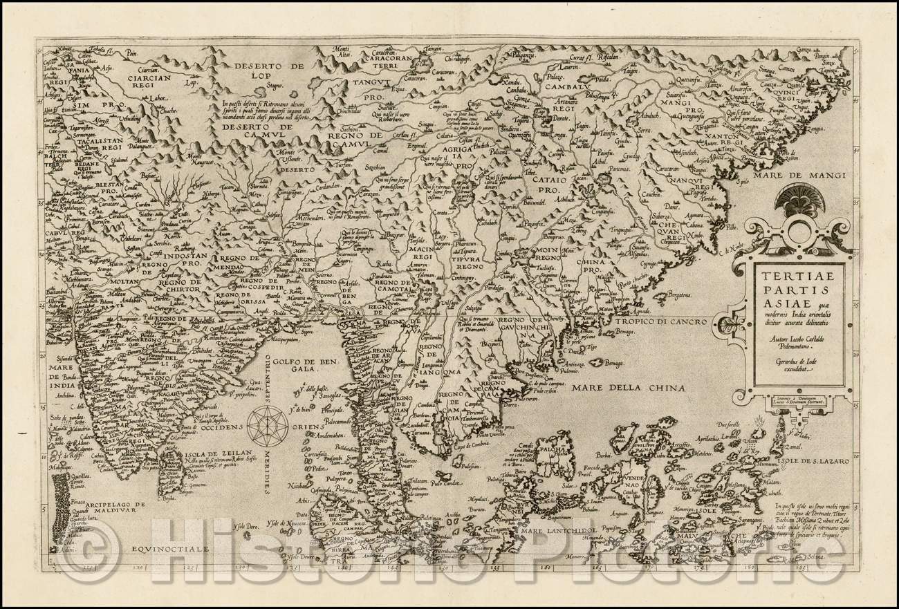 Historic Map - Tertiae Partis Asiae quae modernis India orientalis dicitur acurata delineatio Autore Iacobo Castaldo Pedemontano, 1593, Gerard de Jode - Vintage Wall Art