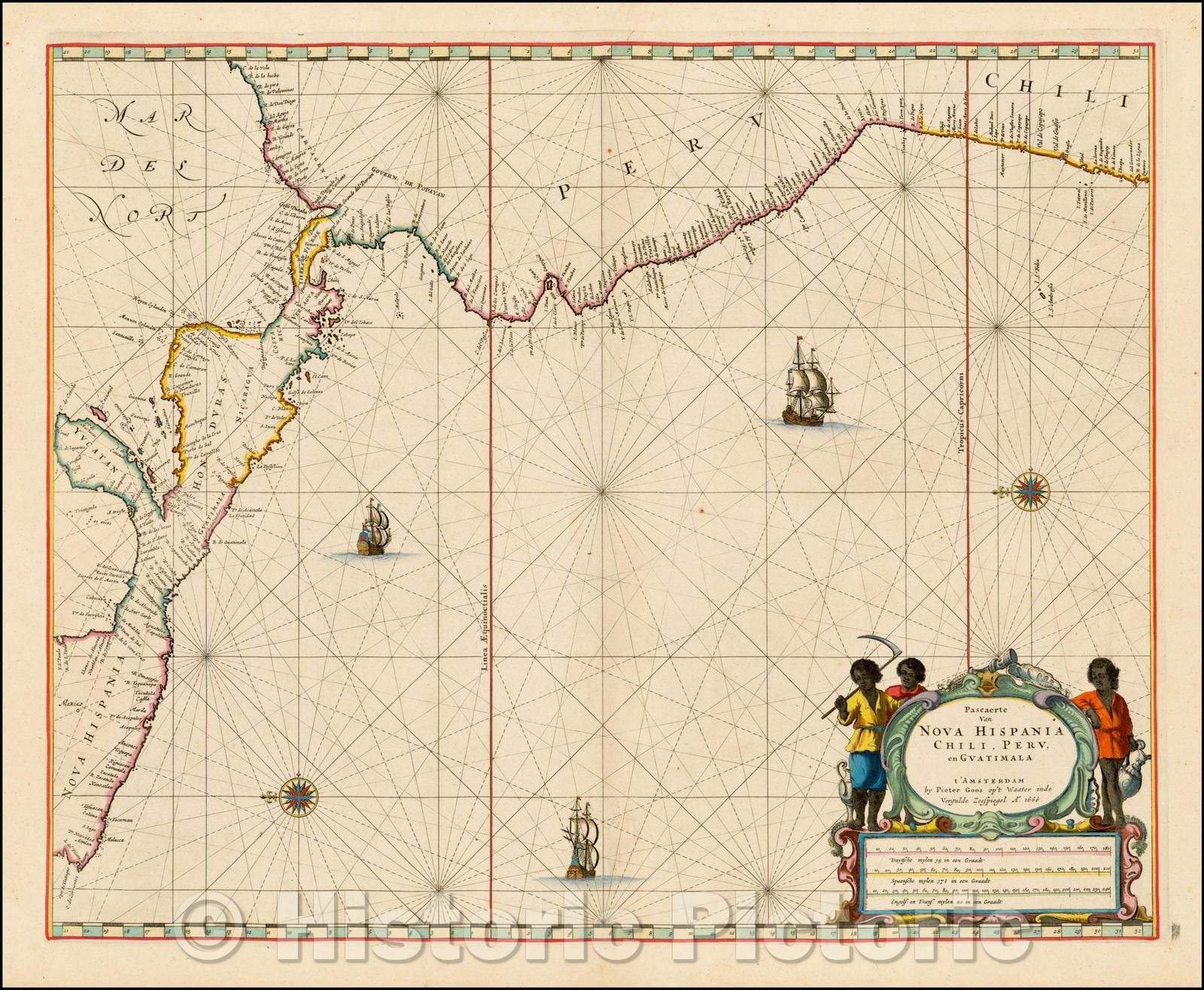 Historic Map - Pascaerte Van Nova Hispania Chili Peru en Guat/Pieter Goos' Sea Chart of Mexico, Central America, Pacific Coastline, 1666, Pieter Goos - Vintage Wall Art