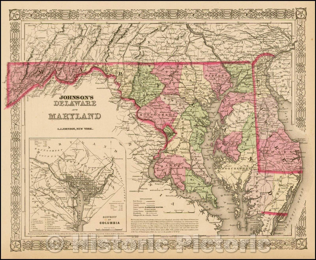 Historic Map - Johnson's Delaware and Maryland [Inset map of Washington DC], 1866, Alvin Jewett Johnson - Vintage Wall Art