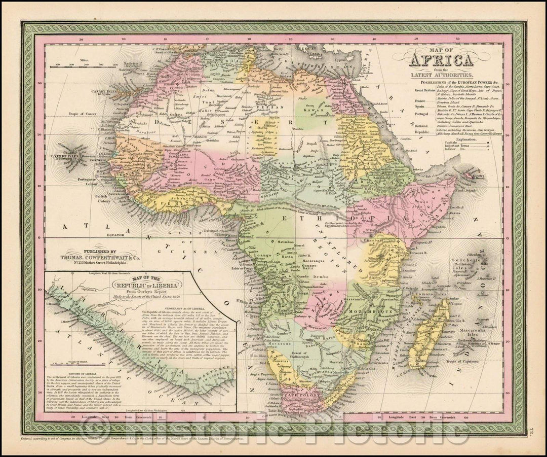 Historic Map - Map of Africa from the Latest Authorities, 1850, Thomas, Cowperthwait & Co. v1