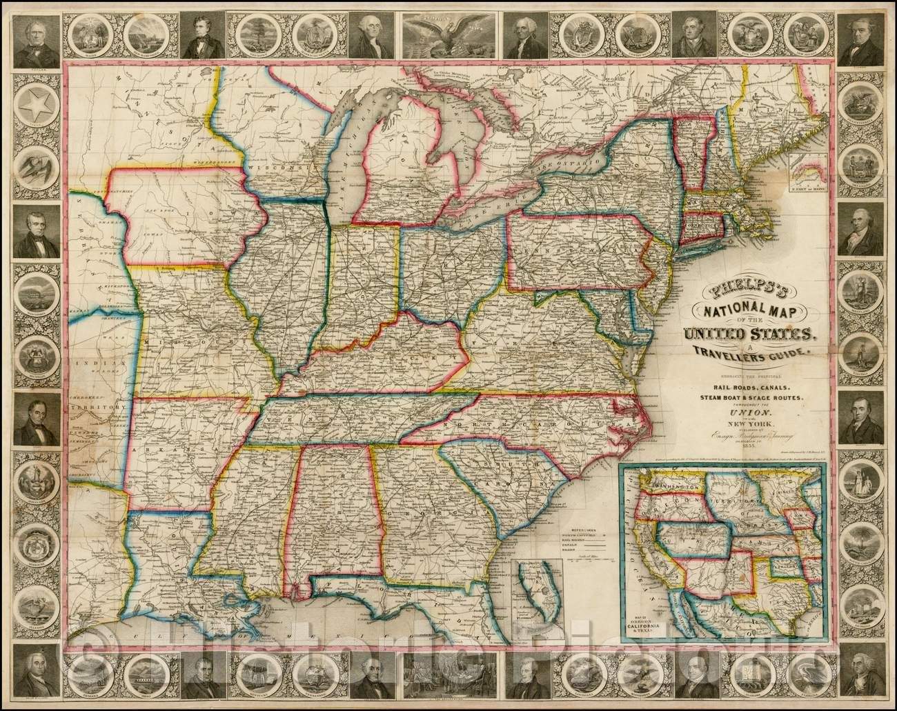 Historic Map - Phelps?s National Map of the United States, A Travellers Guide. Embracing the Principal Rail Roads, Canals, Steam Boat & Stage Routes, 1855 - Vintage Wall Art