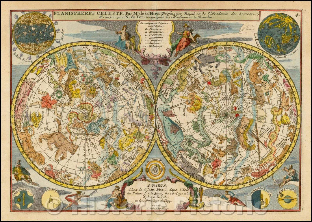 Historic Map - Planispheres Celeste Par Mr. De la Hire Professeur :: Celestial Hemispheres, Sun, Kircher and the Moon, Saturn etc, 1717 - Vintage Wall Art