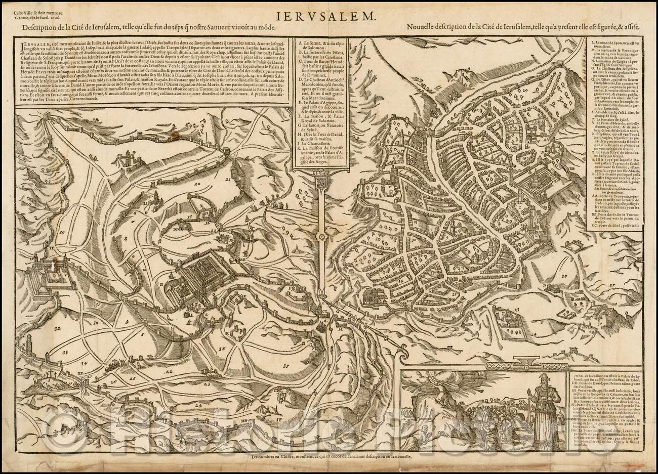 Historic Map - Ierusalem Description de la Cite Ierusalem/View of Ancient and Modern Jerusalem, 1575, Francois De Belleforest - Vintage Wall Art