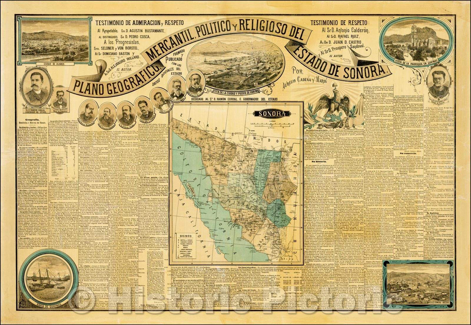 Historic Map - Plano Geografico, Mercantil, Politico y Religioso Del Estado De Sonora/Geo Plano, Commercial, political and religious Del Estado De Sonora, 1895 - Vintage Wall Art