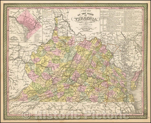 Historic Map - The State of Virginia Exhibiting Its Internal Improvements Roads, Distances &c, 1850, Thomas, Cowperthwait & Co. - Vintage Wall Art