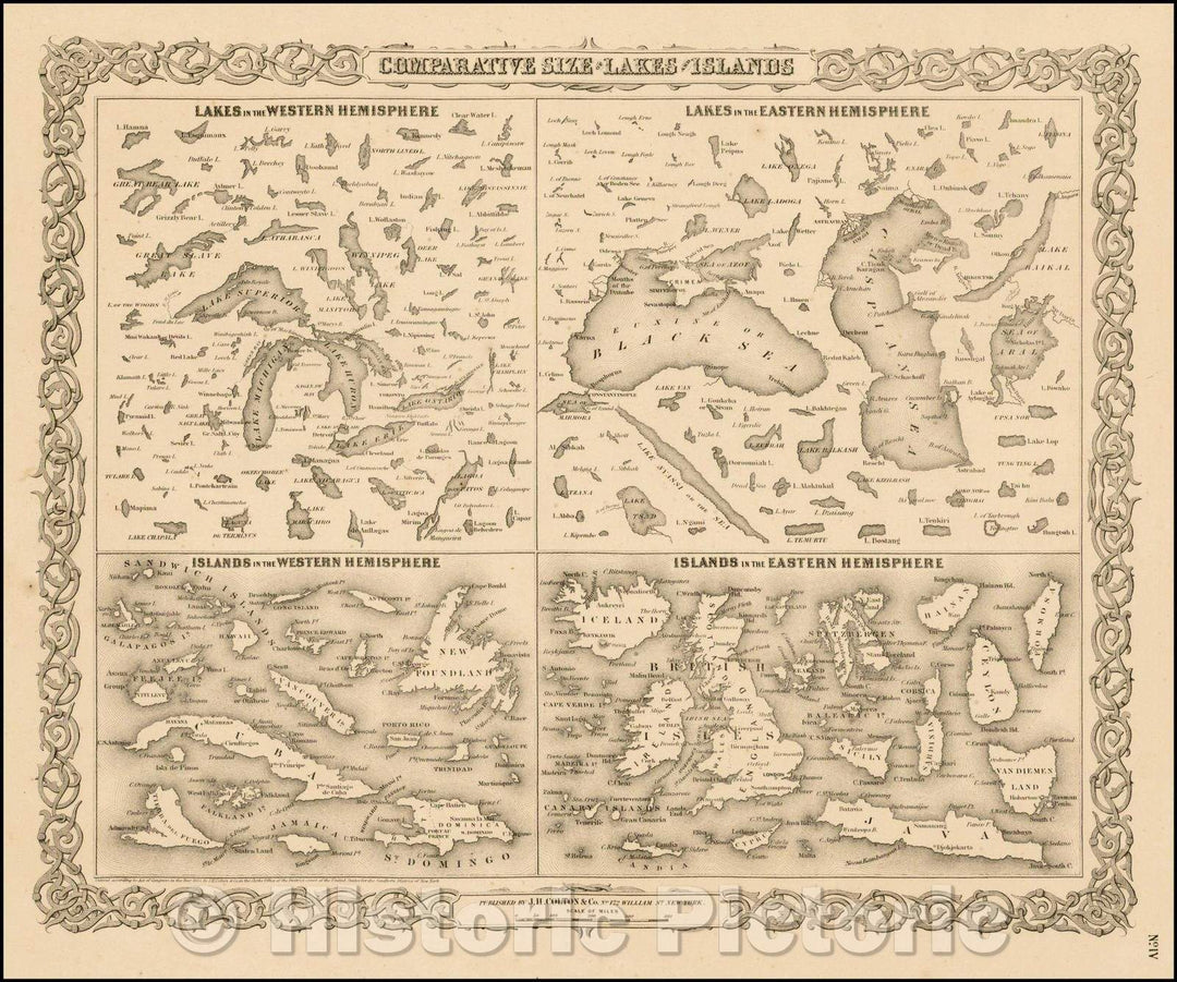 Historic Map - Comparative Size of Lakes and Islands [Great Lakes, Cuba, Formosa, Ireland, Sicily, Cyprus, Vancouver, Sandwich Islands, Puerto Rico, Corsica, 1855 v3