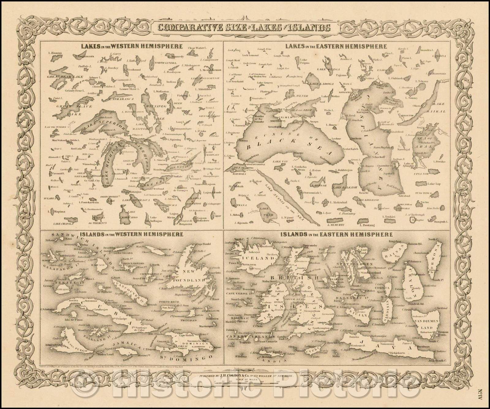 Historic Map - Comparative Size of Lakes and Islands [Great Lakes, Cuba, Formosa, Ireland, Sicily, Cyprus, Vancouver, Sandwich Islands, Puerto Rico, Corsica, 1855 v3