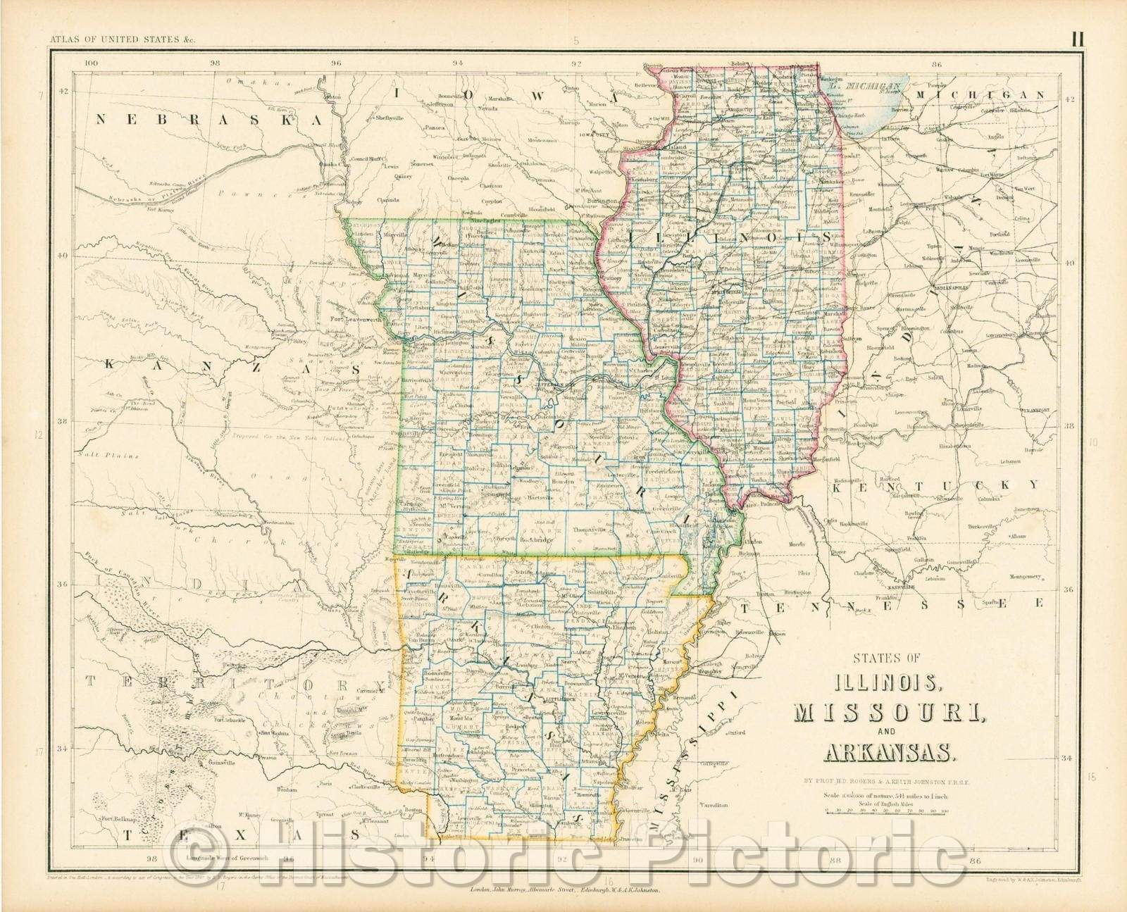 Historic Map - States of Illinois, Missouri and Arkansas, 1857, Henry Darwin Rogers v2