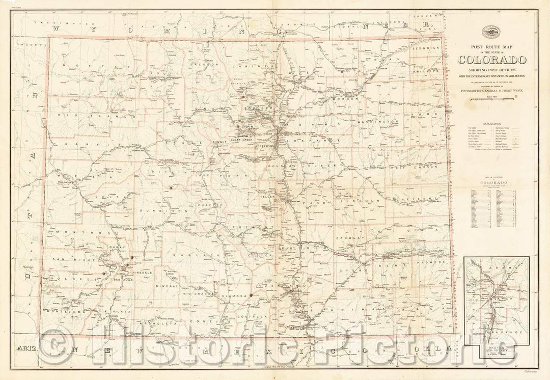 Historic Map - Post Route Map of the State of Colorado Showing Post Offices Mail Routes In Operation On The 1st of January, 1923, 1923, United States GPO - Vintage Wall Art