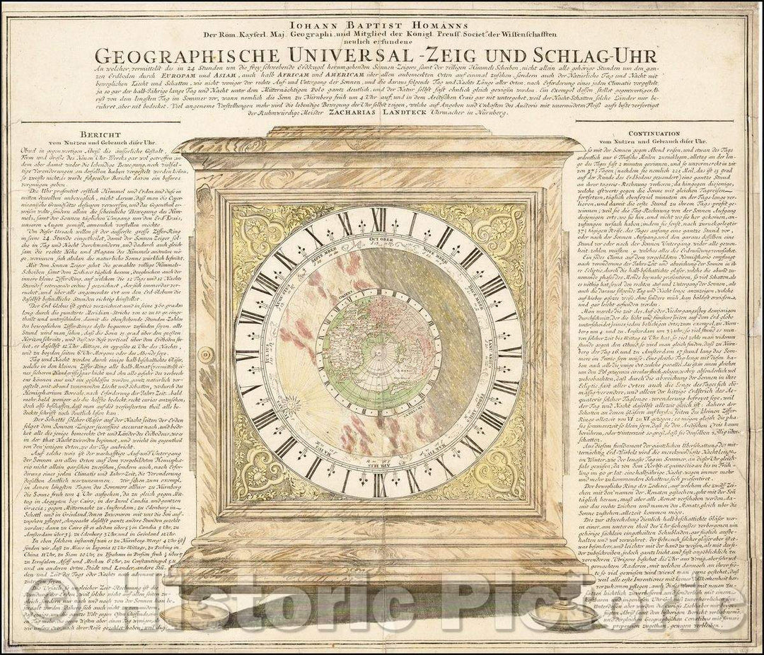 Historic Map - Geographische Universal-Zeig Und Schlag-Uhr :: Celestial chart clock designed to show how the sun's light moves about the earth, 1740 - Vintage Wall Art