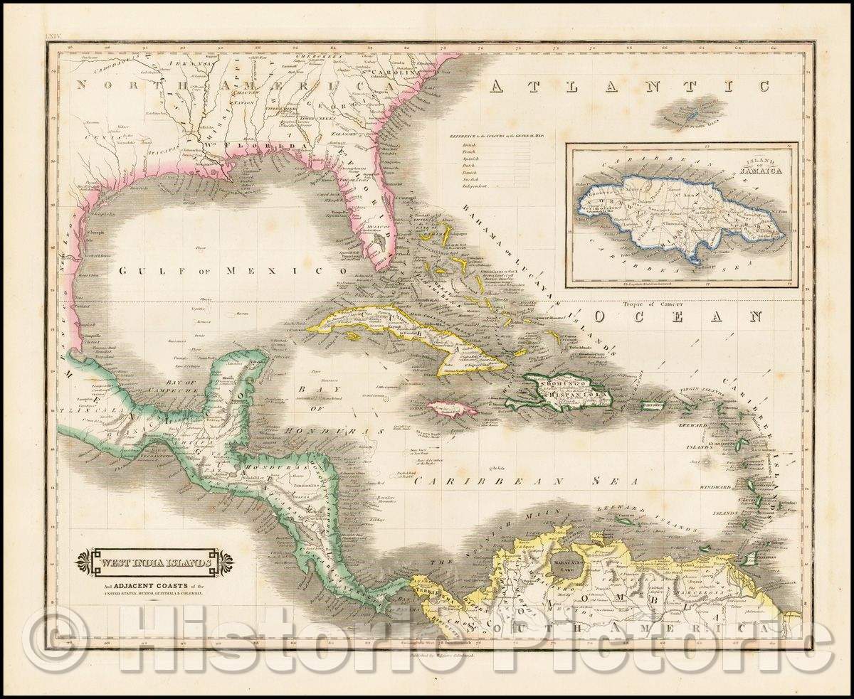 Historic Map - West India Islands And Adjacent Coasts of the United Staets, Mexico, Guatimala & Colombia, 1830, David Lizars - Vintage Wall Art