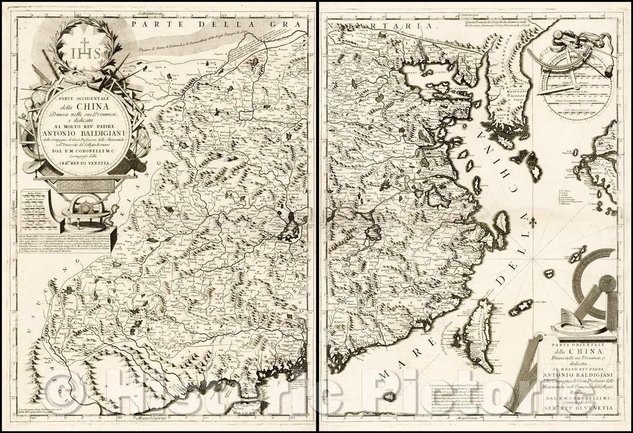 Historic Map - Parte Occidentale della China/Coronelli's 2-sheet Map of China, 1690, Vincenzo Maria Coronelli - Vintage Wall Art