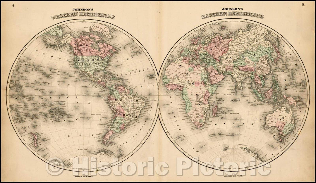 Historic Map - Johnson's Western Hemisphere & Johnson's Eastern Hemisphere, 1863, Benjamin Ward v2