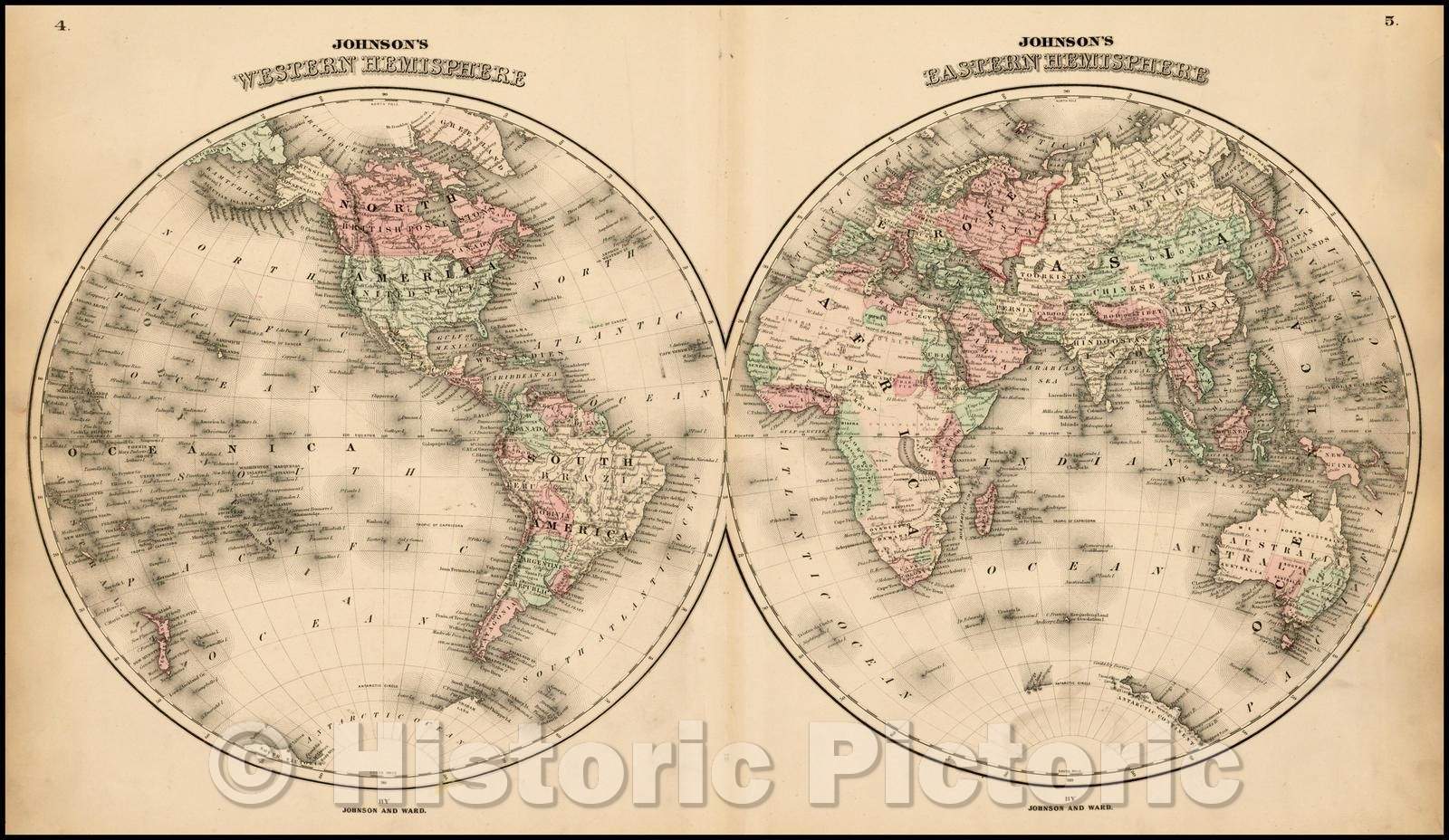 Historic Map - Johnson's Western Hemisphere & Johnson's Eastern Hemisphere, 1863, Benjamin Ward v2