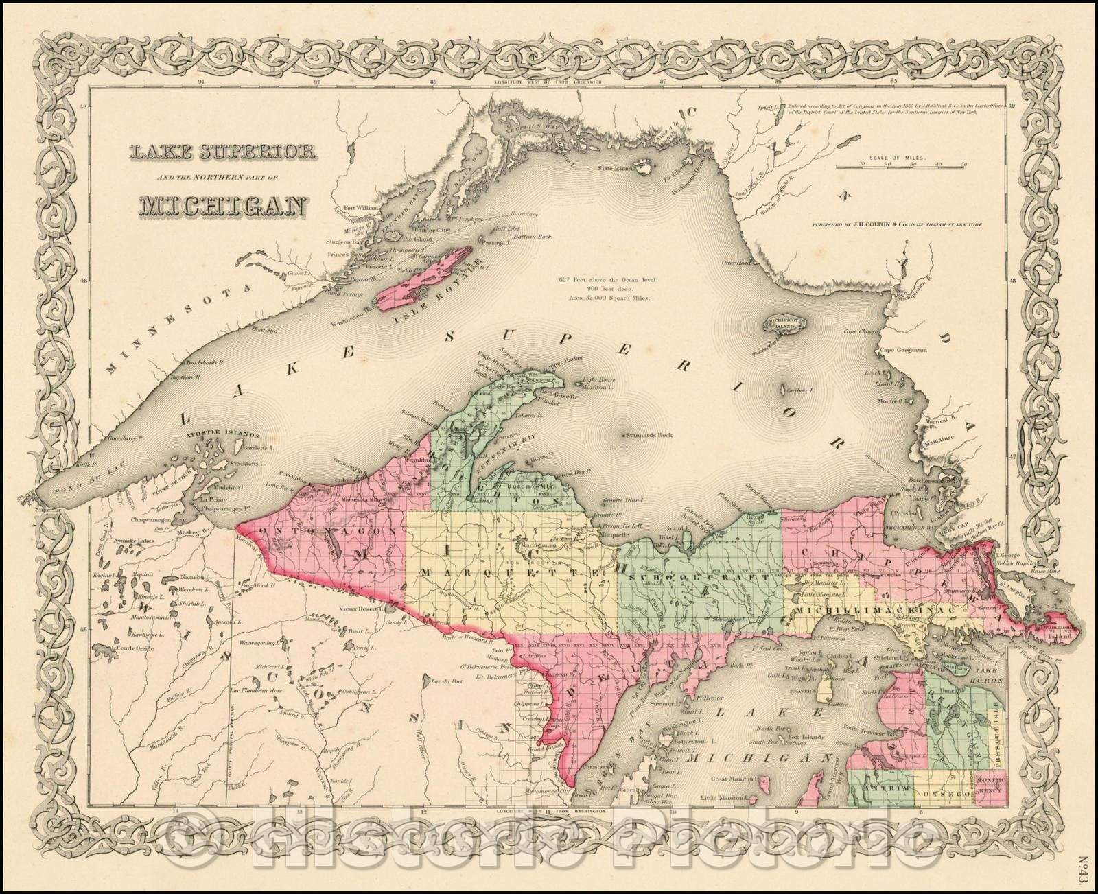 Historic Map - Lake Superior and the Northern Part of Michigan, 1855, Joseph Hutchins Colton - Vintage Wall Art