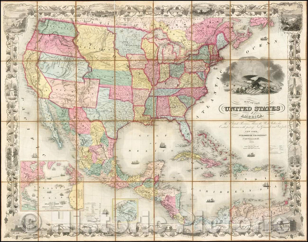 Historic Map - Colton's Map of the United States of America, The British Provinces, Mexico, The West Indies and Central America, 1855, Joseph Hutchins Colton - Vintage Wall Art