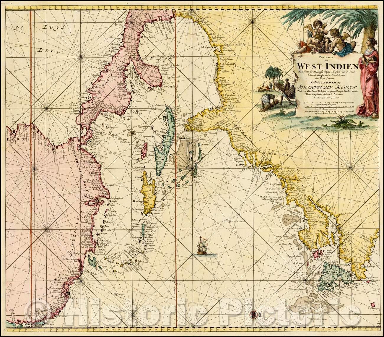 Historic Map - Pas Kaart Van West Indien Behelsende soo Deszelffs Vaste Kusten als d'Onder/Coastline of the Western Atlantic Ocean,Canada to Venezuela, 1687 - Vintage Wall Art