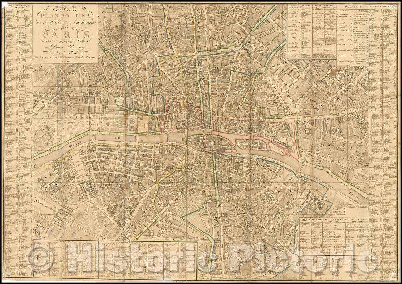 Historic Map - Nouveau Plan Routier de la Ville et Fauxbourgs de Paris divisee en Douzer Mairie/Plan of Paris, 1806, Anonymous - Vintage Wall Art