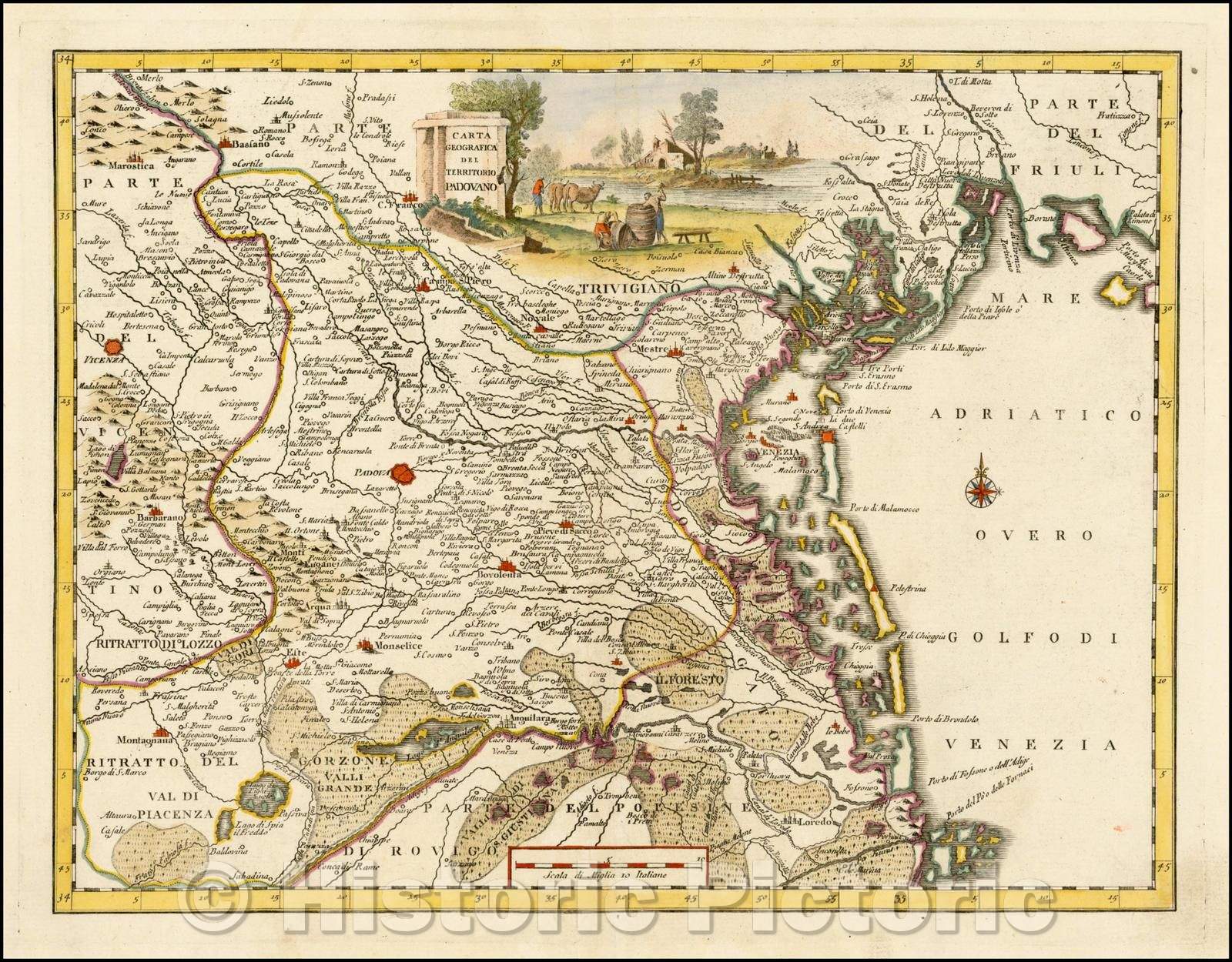 Historic Map - Carta Geografica Del Territorio Padovano/Map of part of Northern Italy, with a cartouche, 1740, Giambattista Albrizzi - Vintage Wall Art