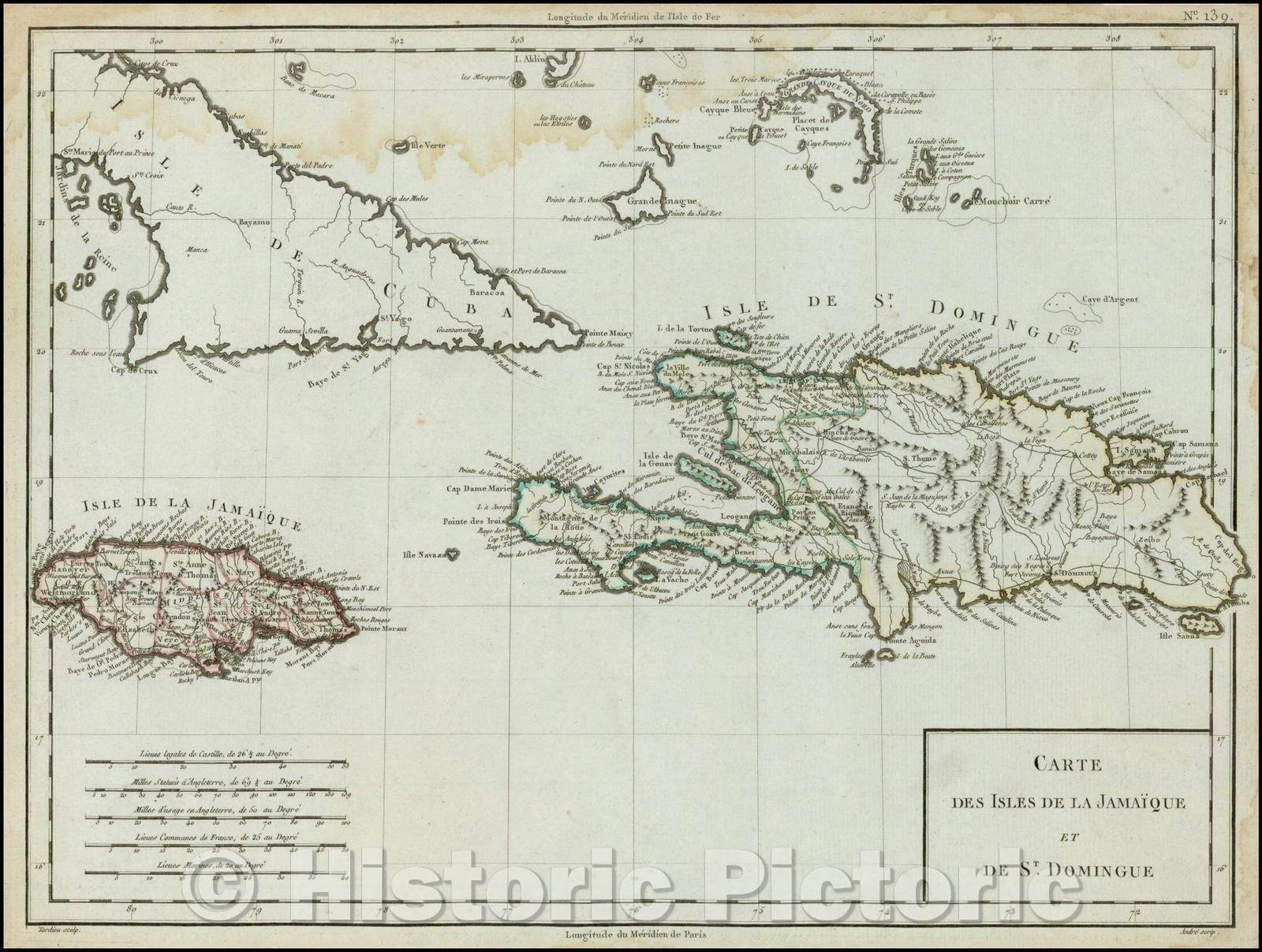 Historic Map - Carte Des Isles De La Jamaique et De St. Domingue :: Jamaica, Haiti, Eastern Cuba qand part of the Bahamas, rom Mentelle and Chanlaire's, 1798 - Vintage Wall Art